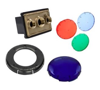 Components include a brass and black rectangular connector with three ports, and the Pentair SpaBrite/AquaLight Kwik-Change Color Lens Kit (650019) featuring circular filters in red, green, and blue.
