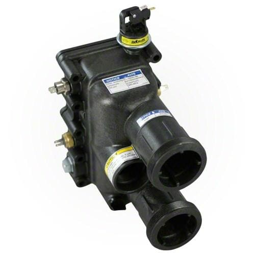 Pentair MasterTemp/Max-E-Therm Heater Manifold Kit 200K (77707-0014) by Pentair, featuring labeled ports and electrical connections, shown from an angle against a white background—compatible with MasterTemp and Sta-Rite Max-E-Therm systems.