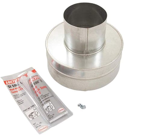 A Pentair Sta-Rite Metal Flue Collar for MasterTemp Max-E-Therm Heater (4"x6", 77707-0076) is shown with a screw and two tubes of Loctite adhesive—key components for heater installations, all displayed on a white background.