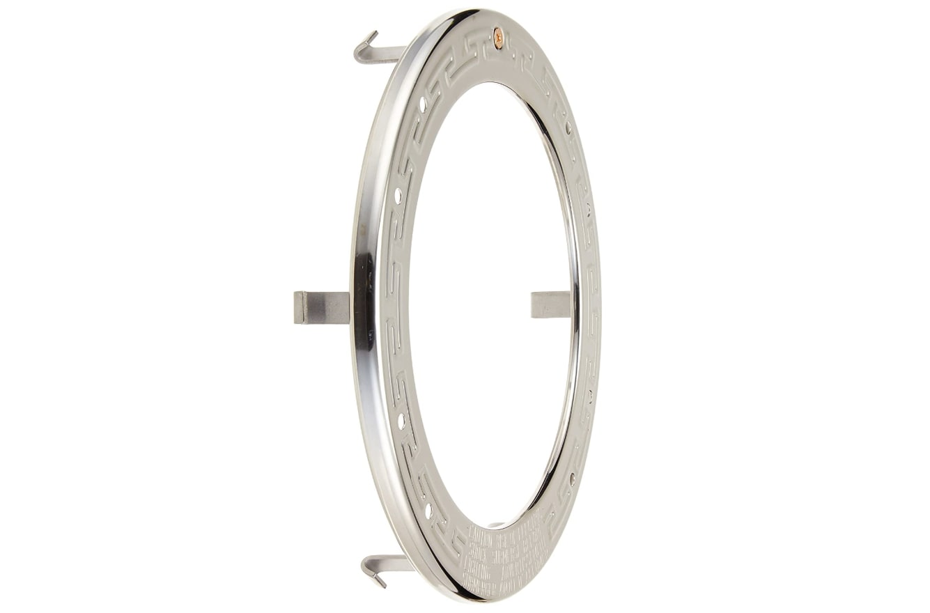 The Pentair Amerlite Face Ring Assembly w/ Screw (79110600) is a stainless steel circular ring with engraved markings and protruding brackets by Pentair, shown angled against a white background.