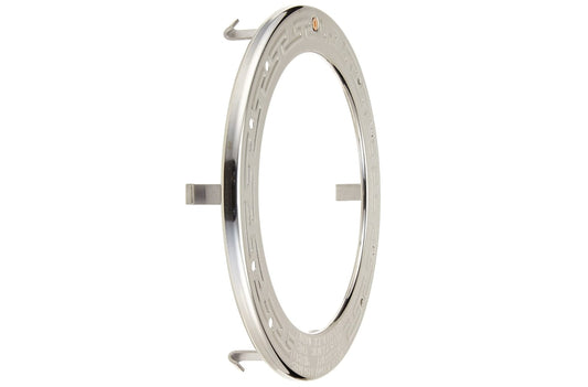 The Pentair Amerlite Face Ring Assembly w/ Screw (79110600) is a stainless steel circular ring with engraved markings and protruding brackets by Pentair, shown angled against a white background.