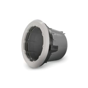 The Pentair Small PVC Light Niche for Concrete Pools & Spas is a corrosion-resistant cylindrical enclosure, featuring a black finish and light gray flange, offering easy installation to enhance any audio system.