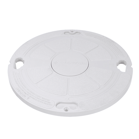 White plastic circular skimmer lid with a textured surface and "Pentair" branding in the center, referred to as the Pentair Admiral Skimmer Lid White | 85007400Z.