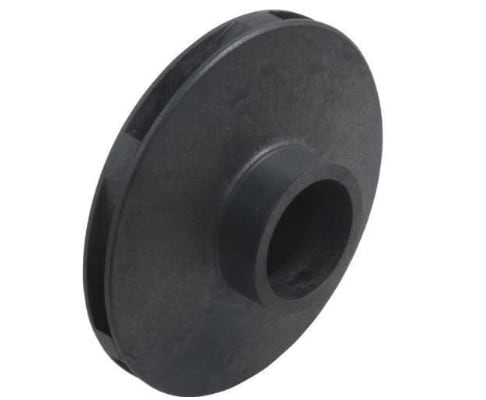 A black, circular Pentair Max-E-Glas Dura-Glas Impeller (C105-137PDBA) with a central hole and raised edge is viewed from an angle.
