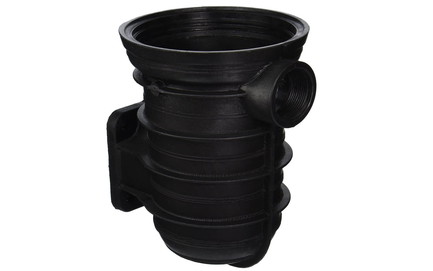 The Pentair 5″ Strainer Body (C153-53P1) is a black plastic pipe fitting with a threaded side opening and ribbed body, ideal for plumbing or industrial applications.