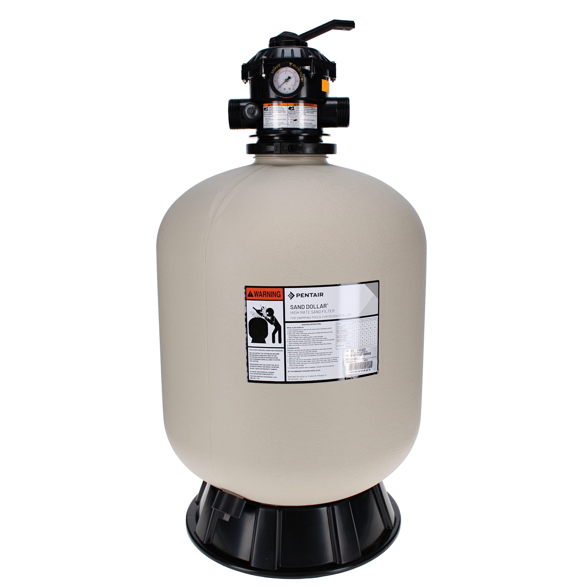 The Pentair Sand Dollar SD60 2.3 sq ft Filter Top Mount (EC-145322) features a multiport valve, beige body, black base, and pressure gauge for superior pool filtration, ensuring crystal clear water.