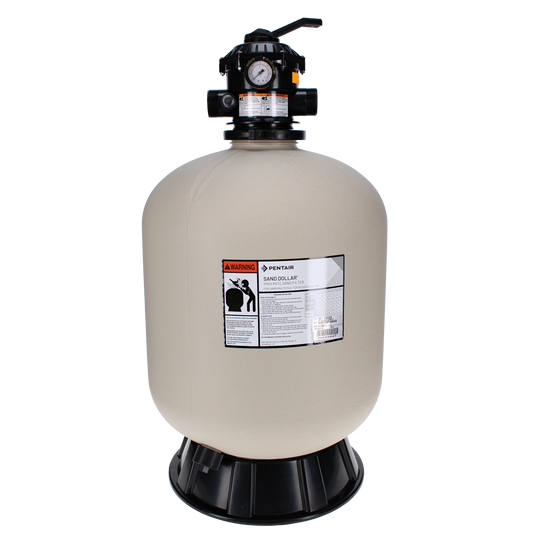 The Pentair Sand Dollar SD60 2.3 sq ft Filter Top Mount (EC-145322) features a multiport valve, beige body, black base, and pressure gauge for superior pool filtration, ensuring crystal clear water.