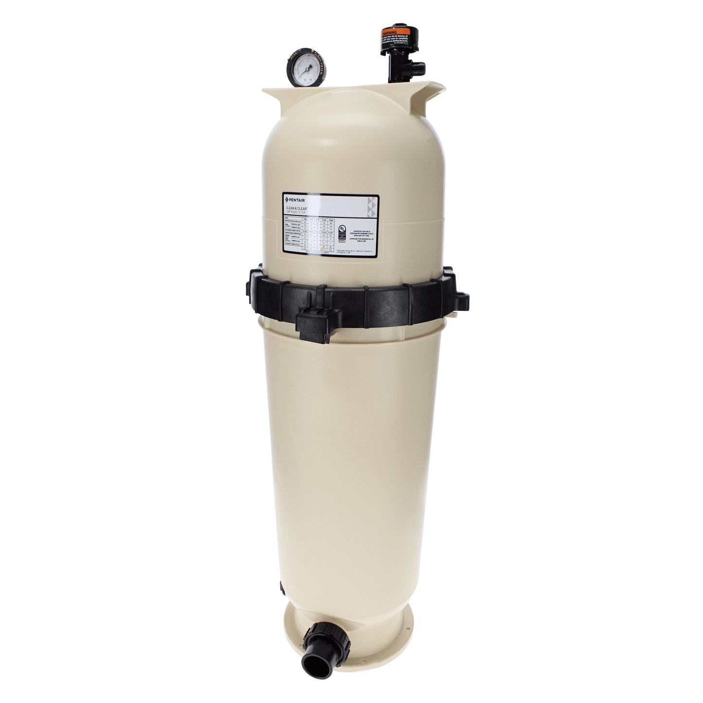 The Pentair Clean & Clear 150 sq ft Cartridge Filter (EC-160317) is a beige vertical pool filter featuring a top pressure gauge and a base inlet pipe against a white background.