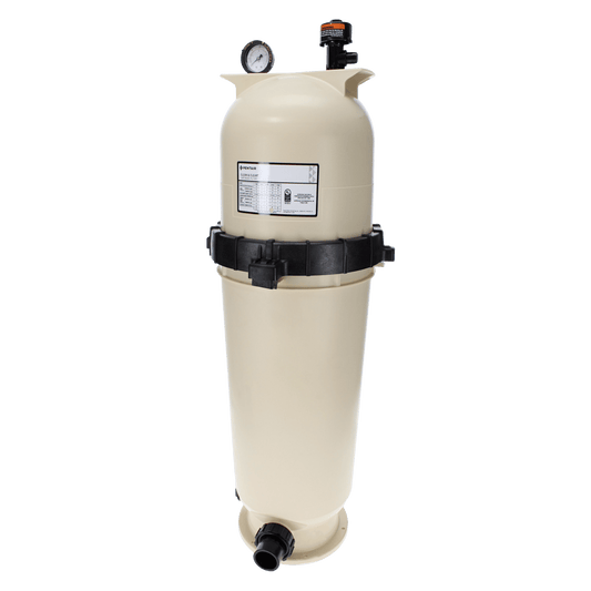 The Pentair Clean & Clear 150 sq ft Cartridge Filter (EC-160317) is a beige vertical pool filter featuring a top pressure gauge and a base inlet pipe against a white background.