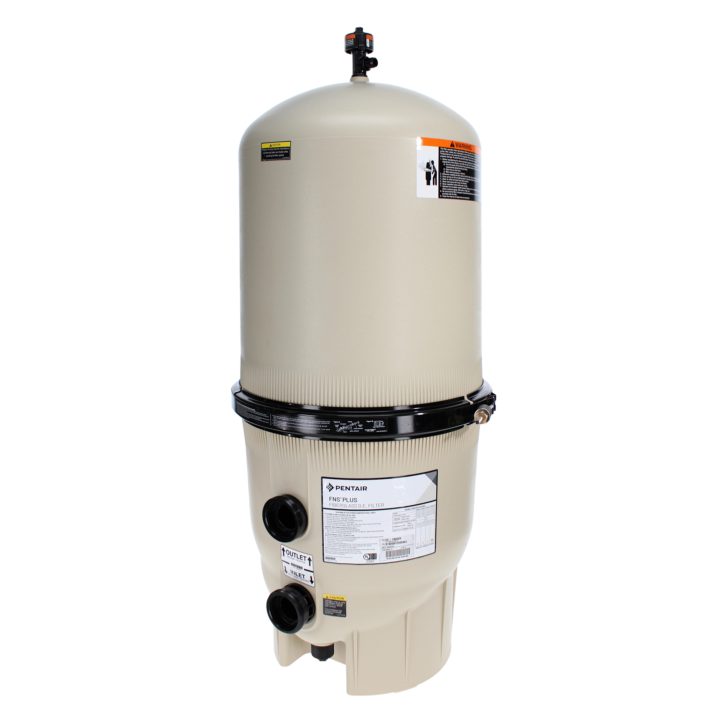 The Pentair FNS Plus 60 sq ft DE Filter (EC-180009) is a beige vertical filter with a cylindrical tank and a sleek black band, featuring bottom connection ports. Ideal for efficient pool filtration.