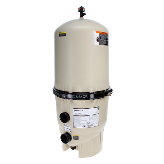 The Pentair FNS Plus 60 sq ft DE Filter (EC-180009) is a beige vertical filter with a cylindrical tank and a sleek black band, featuring bottom connection ports. Ideal for efficient pool filtration.