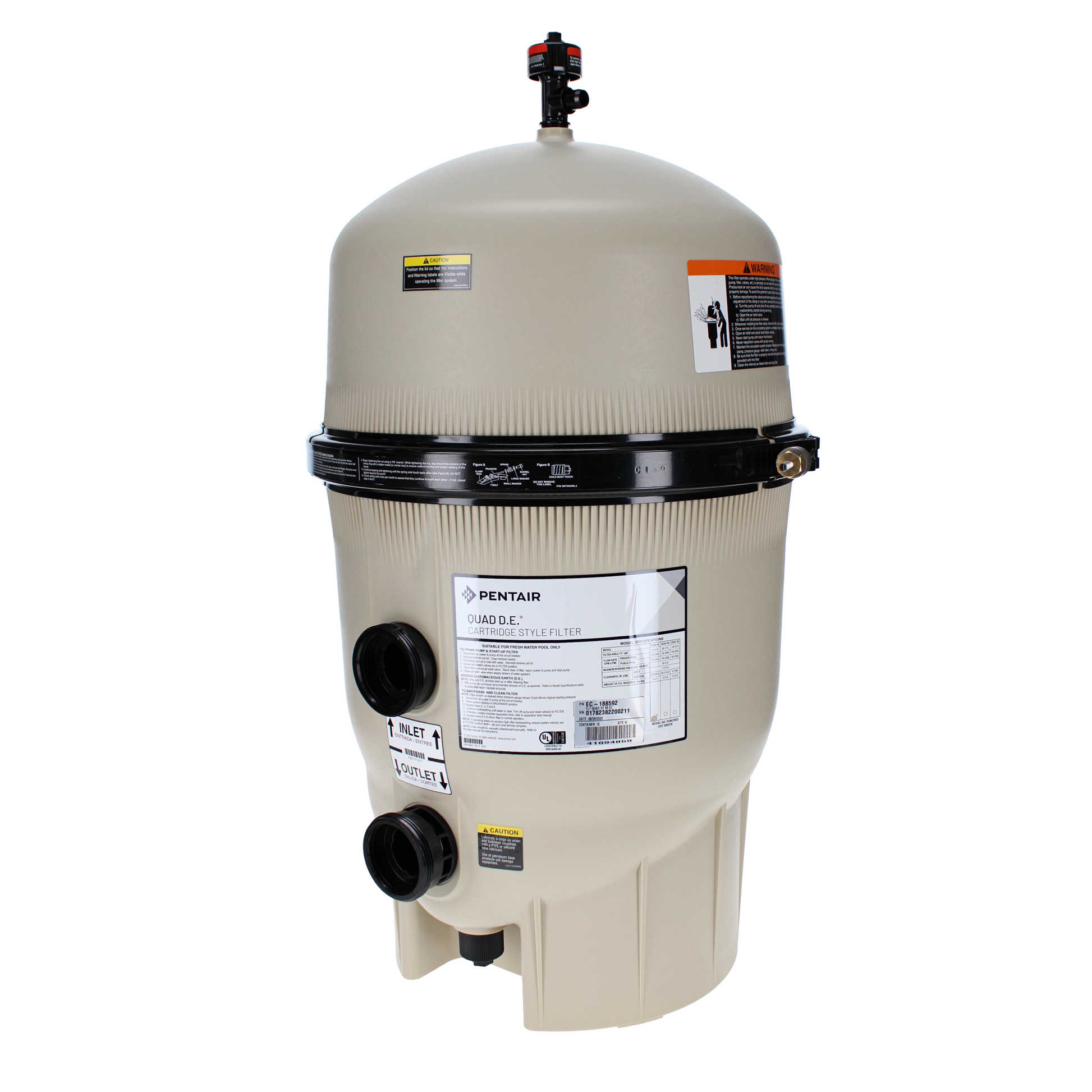 The Pentair 60 sq ft Quad DE Cartridge Style Filter (EC-188592) by Pentair is shown with a beige body, black band, labels, and multiple connection ports against a plain white background.