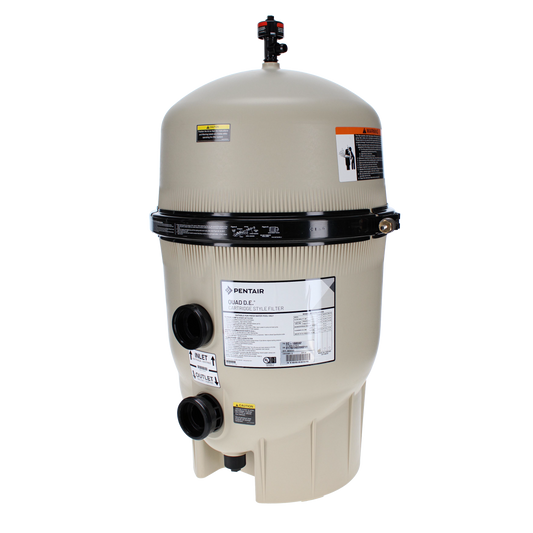 The Pentair 60 sq ft Quad DE Cartridge Style Filter (EC-188592) by Pentair is shown with a beige body, black band, labels, and multiple connection ports against a plain white background.