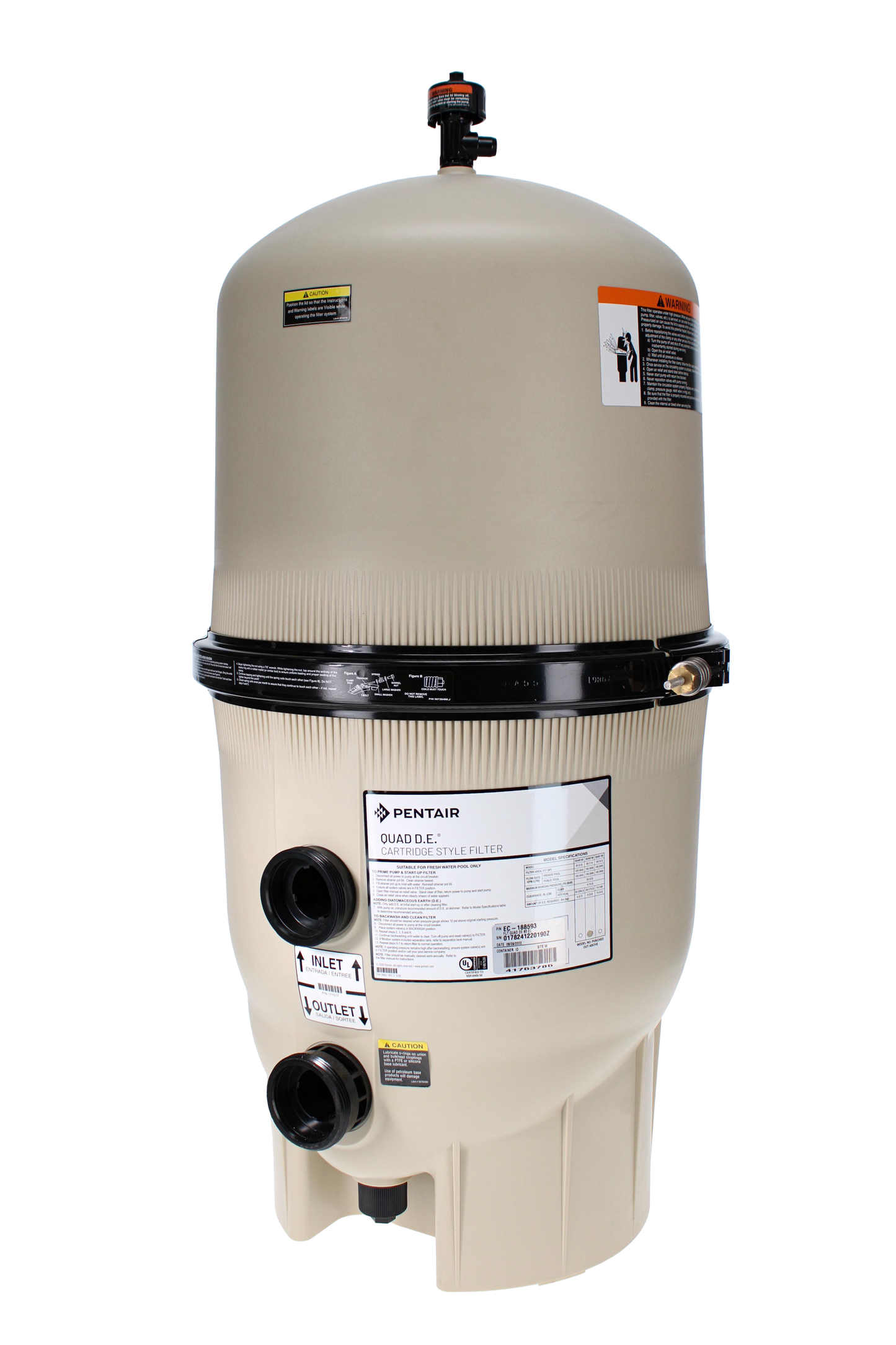 The Pentair 80 sq ft Quad DE Cartridge Style Filter (EC-188593) features labeled inlet/outlet ports, info labels, and a top pressure gauge—ideal for efficient pool filtration. Beige color shown against a white background.