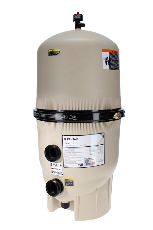The Pentair 80 sq ft Quad DE Cartridge Style Filter (EC-188593) features labeled inlet/outlet ports, info labels, and a top pressure gauge—ideal for efficient pool filtration. Beige color shown against a white background.