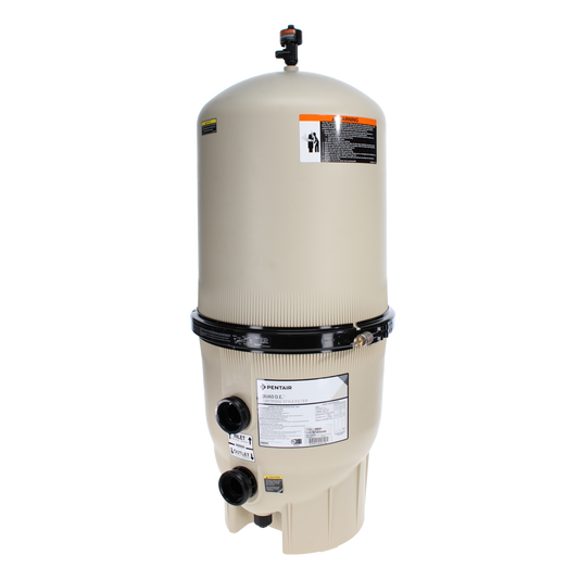 The Pentair 100 sq ft Quad DE Cartridge Style Filter (EC-188594), in beige with a black clamp, inlet/outlet ports, and warning labels, is shown against a white background.