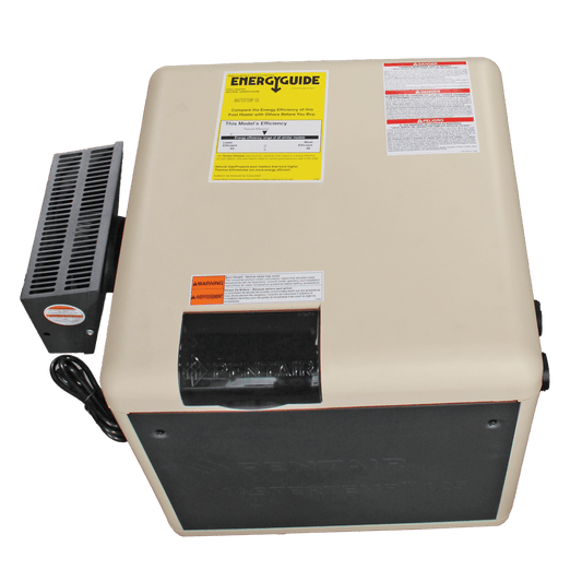 A beige Pentair MasterTemp 125 High Performance Heater (125,000 BTUs, Natural Gas | EC-462024) with warning labels, EnergyGuide sticker, and black vented side panel, shown from an overhead angle. Brand: Pentair.