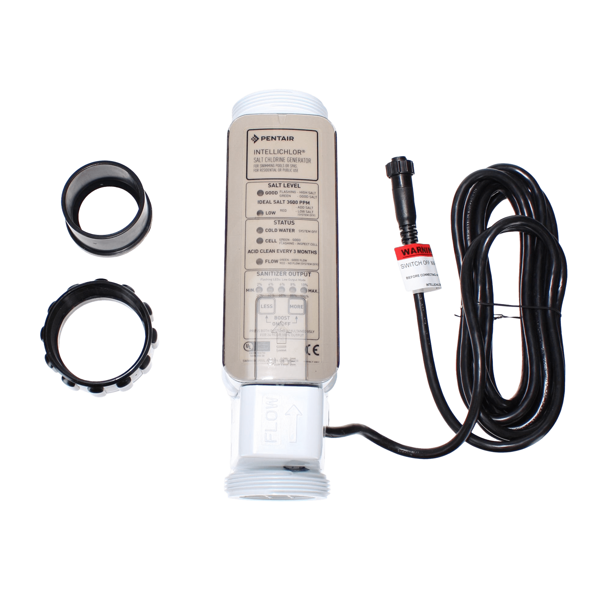 The Pentair IntelliChlor IC40 Cell Salt Chlorine Generator (EC520555), featuring a power cord and connectors, is showcased against a white background, emphasizing its efficiency in pool sanitization.