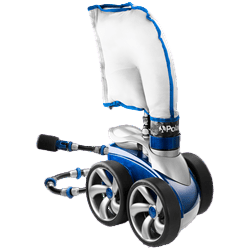 The Pentair Flowmeter Float F6 by Pentair is a blue and silver, four-wheeled pool cleaner with a large white filter bag on top and a hose connection at the back.