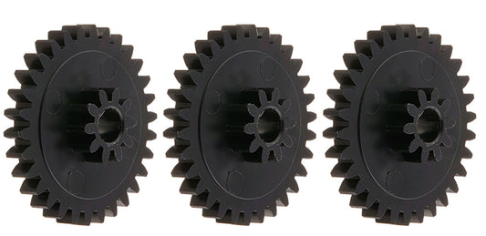 Three black plastic spur gears with a central hole, aligned in a row on a white background. This Pentair Great White Idler Gear Kit (GW9509) ensures your suction-side pool cleaner, such as the Kreepy Krauly, runs smoothly and efficiently.