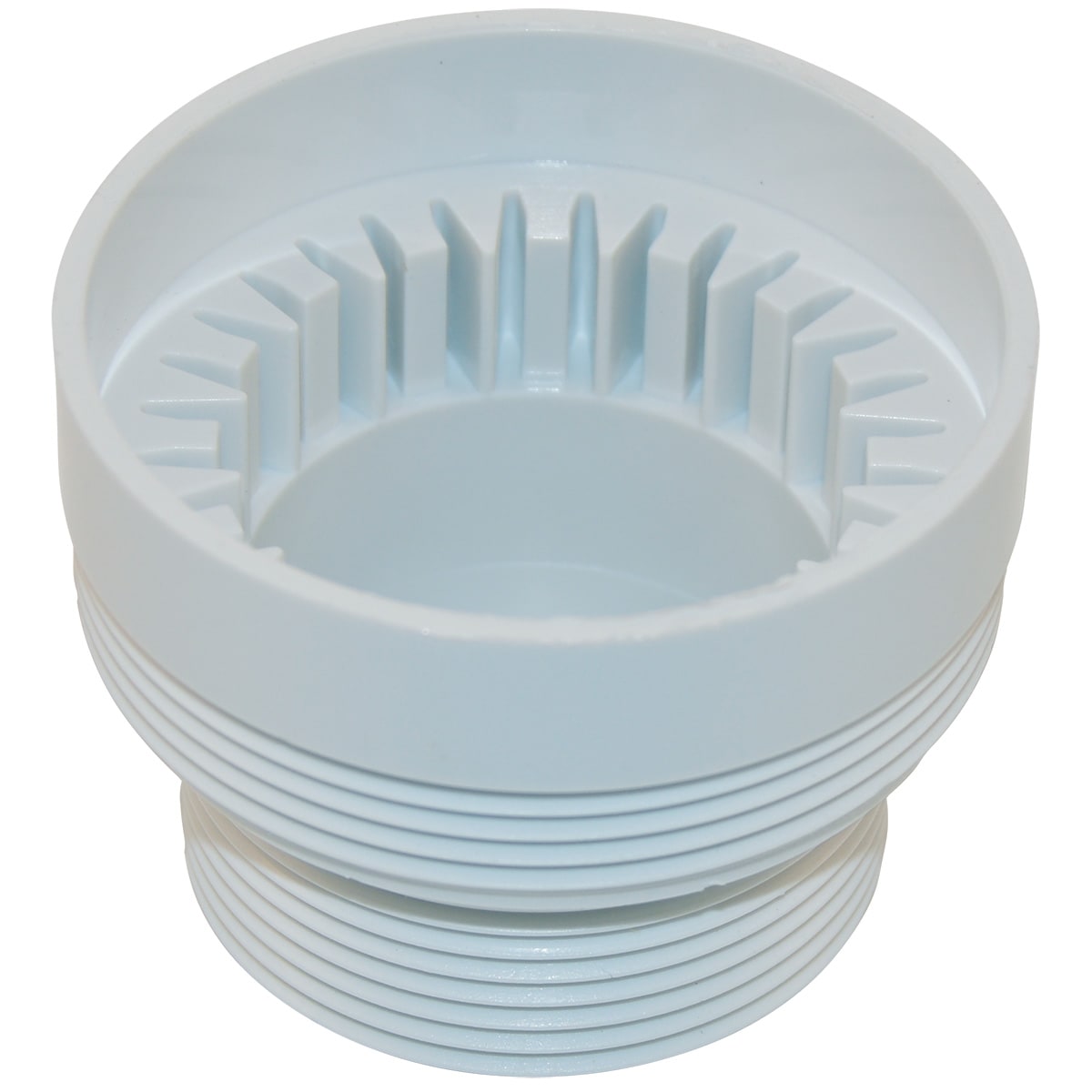 The Pentair Threaded Compression Adaptor (K12079) is a white plastic fitting with interior vertical ridges, designed as a replacement for Kreepy Krauly Classic or Kruiser Suction Side Pool Cleaners.