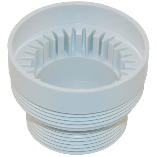 The Pentair Threaded Compression Adaptor (K12079) is a white plastic fitting with interior vertical ridges, designed as a replacement for Kreepy Krauly Classic or Kruiser Suction Side Pool Cleaners.