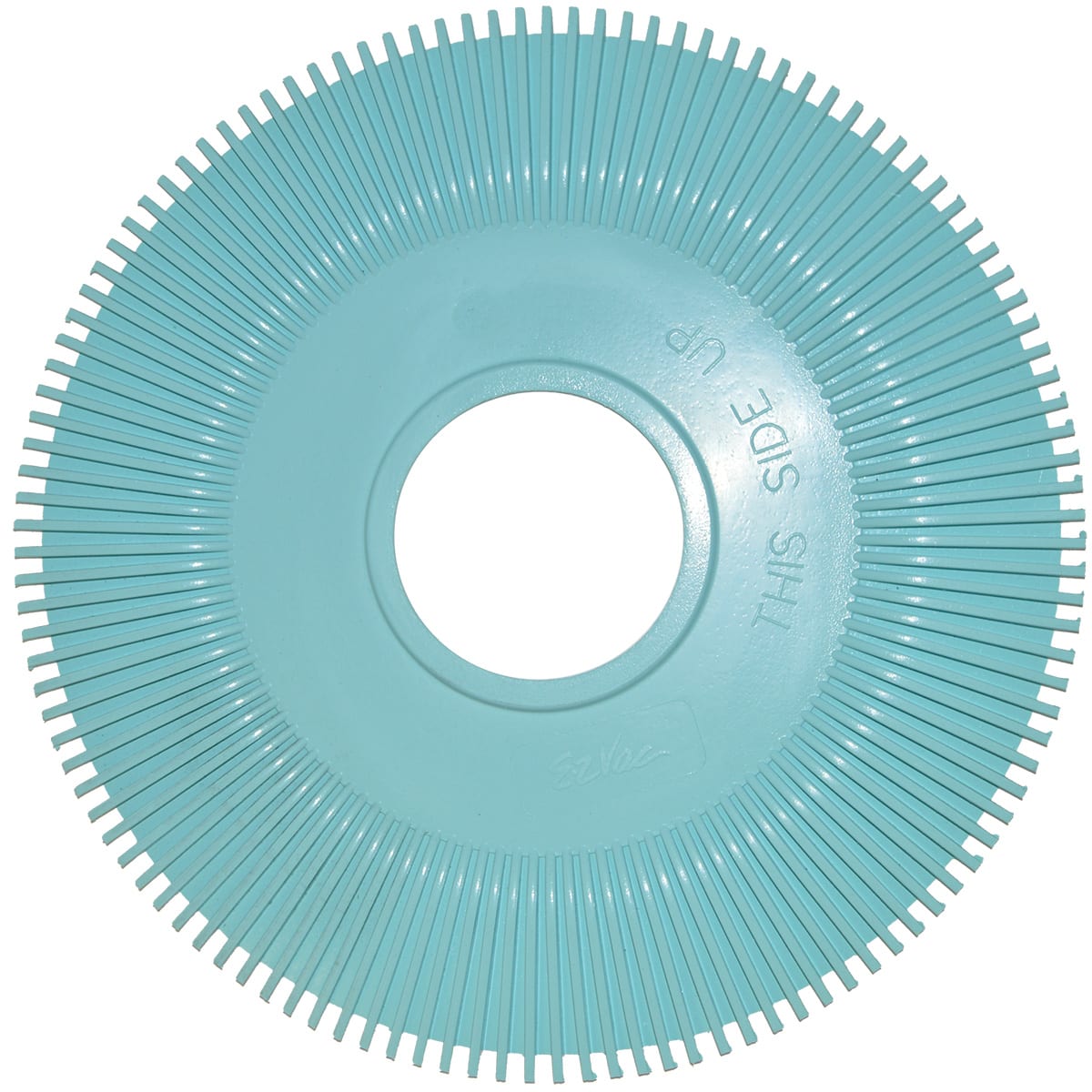 The Pentair Seal Kit Ag | K12651 from Pentair is a round blue plastic disc with evenly spaced notches around the edge, a large central hole, and a "THIS SIDE UP" label.