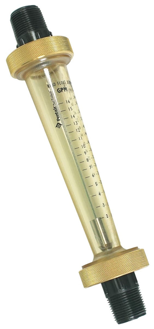 The Pentair Small Body Flowmeter LDF359N, with a transparent cylindrical body and black nylon threaded ends, is ideal for 3/4" pipes and measures 2-16 GPM.