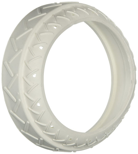 The Pentair Platinum Tire White (LLC1PM) by Pentair has arrow-shaped grooves similar to a Kreepy Krauly pool cleaner, offering textured tread for optimal grip and stability.