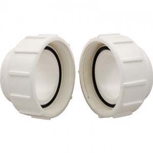 Pentair Pump 2" Slip 1/2" Union Kit (PKG 188Z) by Pentair: Two white plastic threaded PVC union nuts with rubber O-rings, shown facing each other against a plain background.