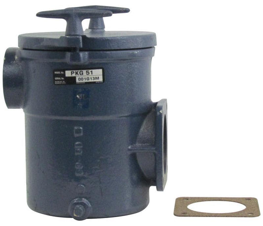 The Pentair 6" Cast Iron Hair/Lint Trap, 2" Suction (PKG51) sits on a white background; this high-flow industrial strainer features a labeled lid, side inlet, and a removable gasket for efficient hair and lint filtration.