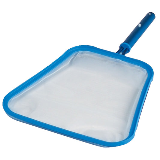 A Pentair #126 Heavy Duty Skimmer with an aluminum frame features a blue handle and white mesh netting.