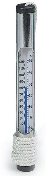 The Pentair #130 Chrome Brass Tube Thermometer (R141076) features a metal casing, white rope attachment, and displays temperatures in Fahrenheit and Celsius.