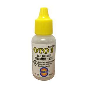 Pentair's 1/2 oz Rainbow OTO Replacement Solution #2 (R161004) features a plastic bottle with a yellow dropper cap labeled "OTO 1 Chlorine/Bromine Test." Warning: Irritant.