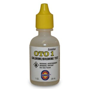 The Pentair OTO Replacement Solution, 1 oz (R161025), features a yellow dropper cap, warning icons, and usage details—an essential chlorine/bromine test solution for your pool test kit.