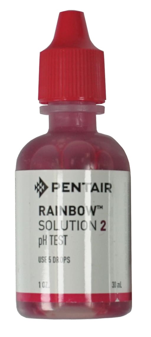 A 1 oz Pentair Solution #2 pH Test (R161178) with a red cap, perfect for pool maintenance; label says use 5 drops. Pairs well with DPD tablets or cyanuric acid reagents for comprehensive pool water testing.
