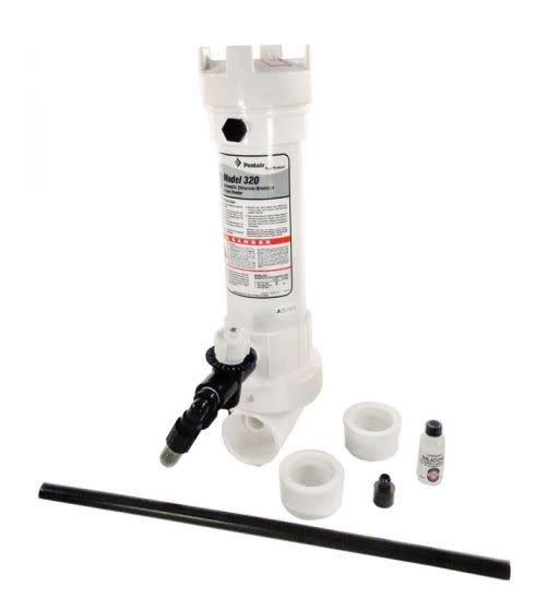 Pentair Rainbow 320 Inline Chlorine/Bromine Tablet Feeder (R171096) by Pentair is shown on a white background with a labeled container, black pipe, and small bottle, designed for automatic pool sanitization.