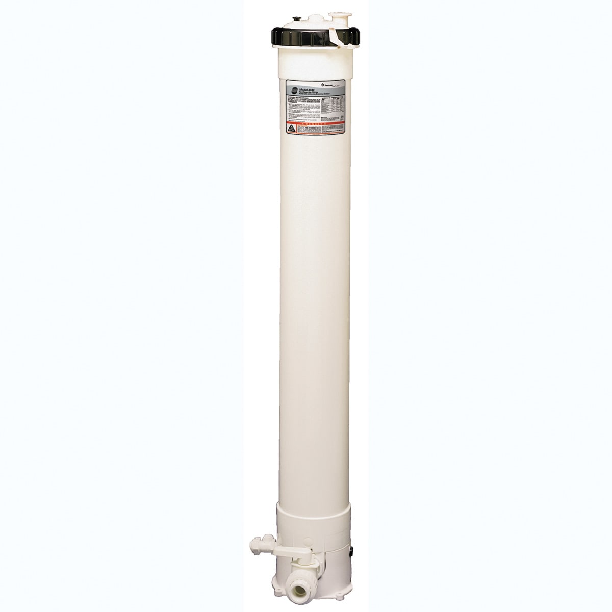 The Pentair Rainbow HC-3340 Commercial High Capacity Automatic Chlorine/Bromine Feeder (R171240) features a tall white cylindrical design with black end caps, a top label, and a base valve for easy access. It efficiently ensures continuous water treatment with high-capacity tablet feeders.