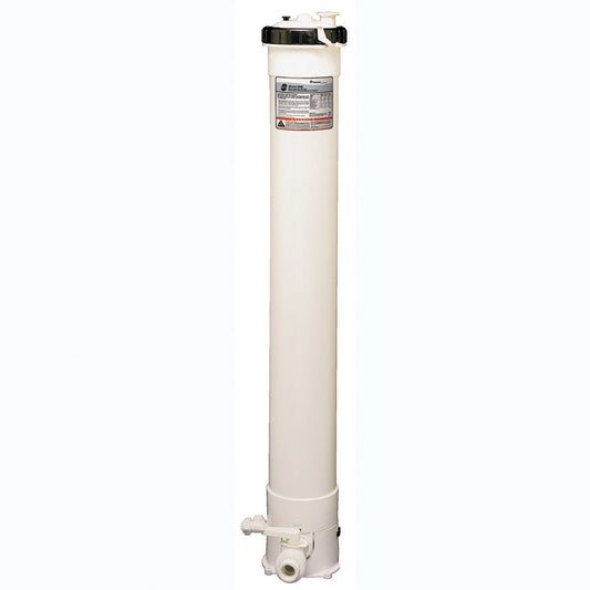 The Pentair Rainbow HC-3340 Commercial High Capacity Automatic Chlorine/Bromine Feeder (R171240) features a tall white cylindrical design with black end caps, a top label, and a base valve for easy access. It efficiently ensures continuous water treatment with high-capacity tablet feeders.