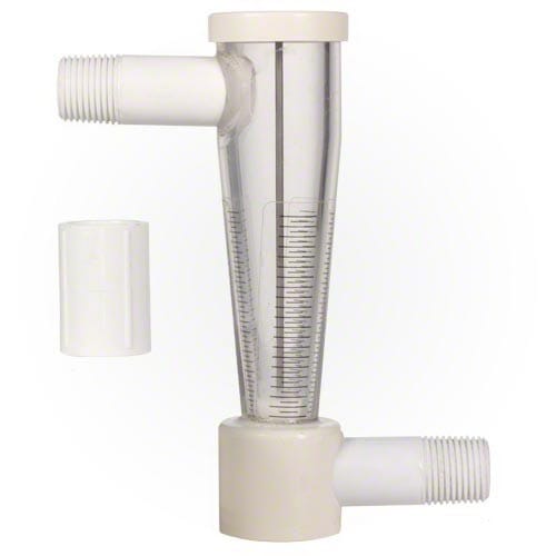 The Pentair Commercial Flow Indicator (R172276) by Pentair is a clear plastic and white PVC flow meter featuring two threaded pipe fittings and a cylindrical cap or adapter beside it.