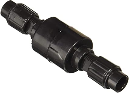 The Pentair 1/4" x 1/4" Tube Check Valve (R172323) is a black plastic inline valve with threaded connectors at both ends, ideal for piping or irrigation systems.
