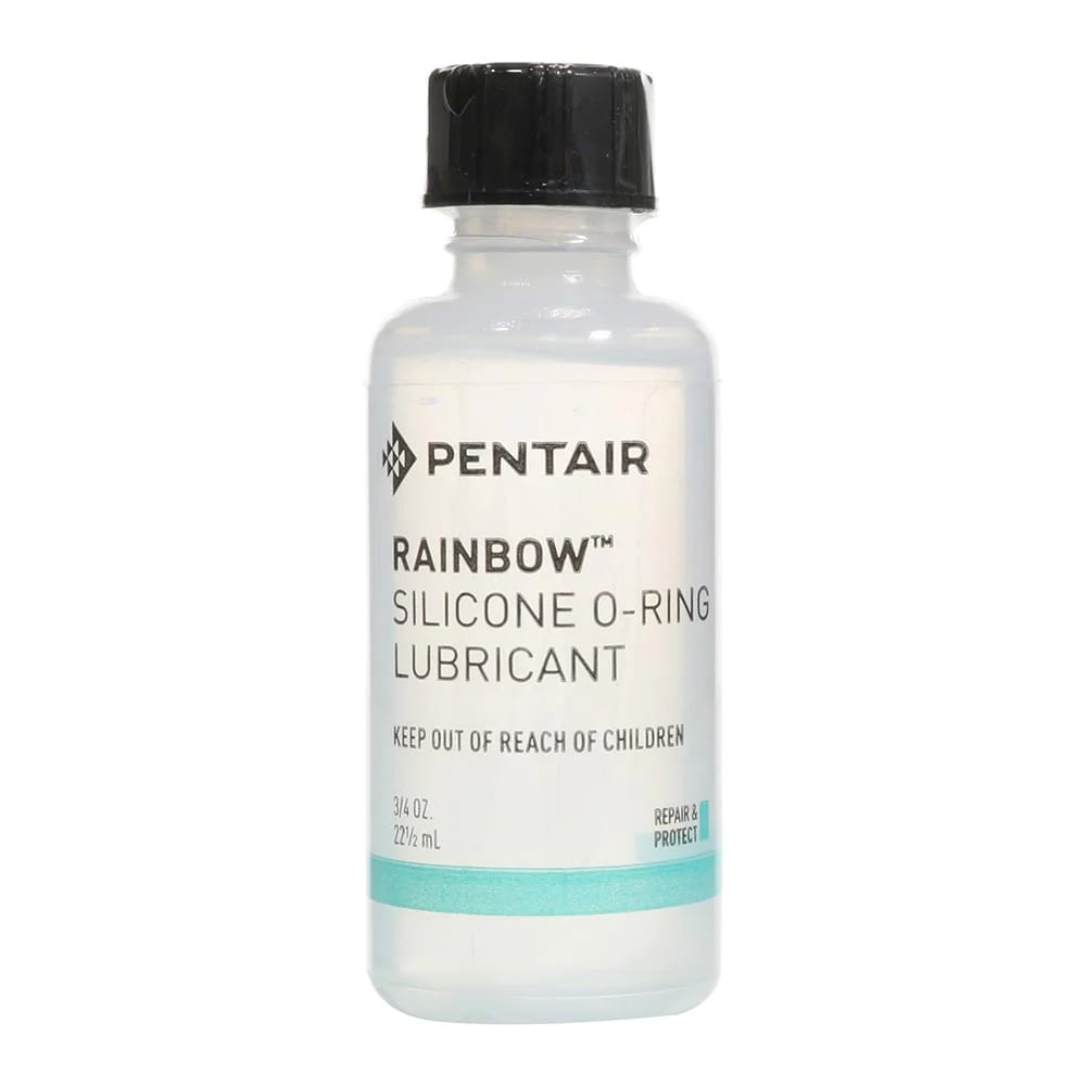 A clear bottle labeled "Pentair Silicone Lubricant 3/4 oz In Counter Display, 30/Pack | R172351," by Pentair, with a black cap and warning to keep out of reach of children.