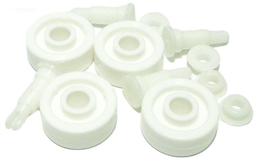 The Pentair ProVac Vacuum Wheel Replacement Kit (R201498) by Pentair features four white plastic wheels with matching axles and small cylindrical components, arranged on a white background.