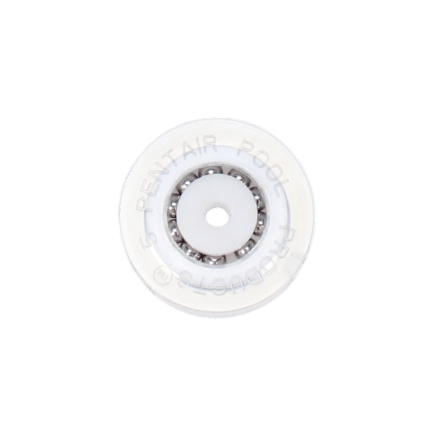 Top view of the Pentair #175 Ball Bearing Polyurethane Wheel (R201557Z), a white circular pool accessory with a central opening and visible inner components, branded "Pentair.