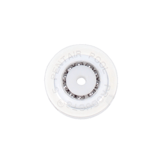 Top view of the Pentair #175 Ball Bearing Polyurethane Wheel (R201557Z), a white circular pool accessory with a central opening and visible inner components, branded "Pentair.