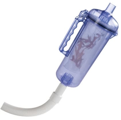 The Pentair Rainbow Kreepy 186 In-line Leaf Trap (R211084K) by Pentair is a clear plastic chamber with a handle and flexible white hose attachment, ideal for managing poolside debris.