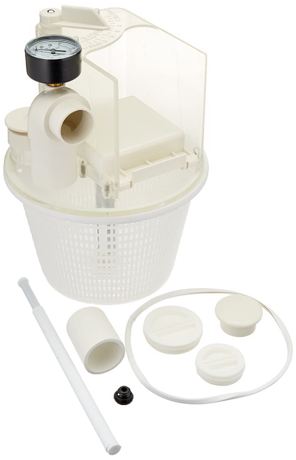 The Pentair Vac-Mate Pool Cleaner Dispenser Box (R211100) includes a white plastic filter basket with gauge, clear divider, rod, rings, caps, and a small black piece—ideal for surface skimming or as a vac-mate for suction cleaners.