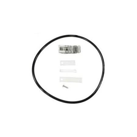 The Pentair #186 O-Ring & Latch Kit (R211600) by Pentair includes a black rubber belt, metal clamp, two white plastic pieces, and a small screw, all arranged on a white background.
