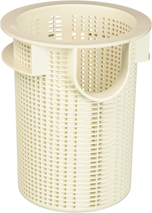 The Pentair Sta-Rite C8-58P Basket (R38006) is a beige plastic mesh pool skimmer basket with a round open top and side cutout, perfect for pool cleaning and a must-have pool accessory from Pentair.