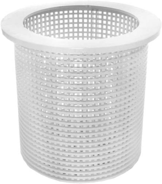 The Pentair Admiral Circular Skimmer Basket (R38013AZ) is a white cylindrical basket with a wide rim and grid-like pattern, perfect for skimmer replacements.